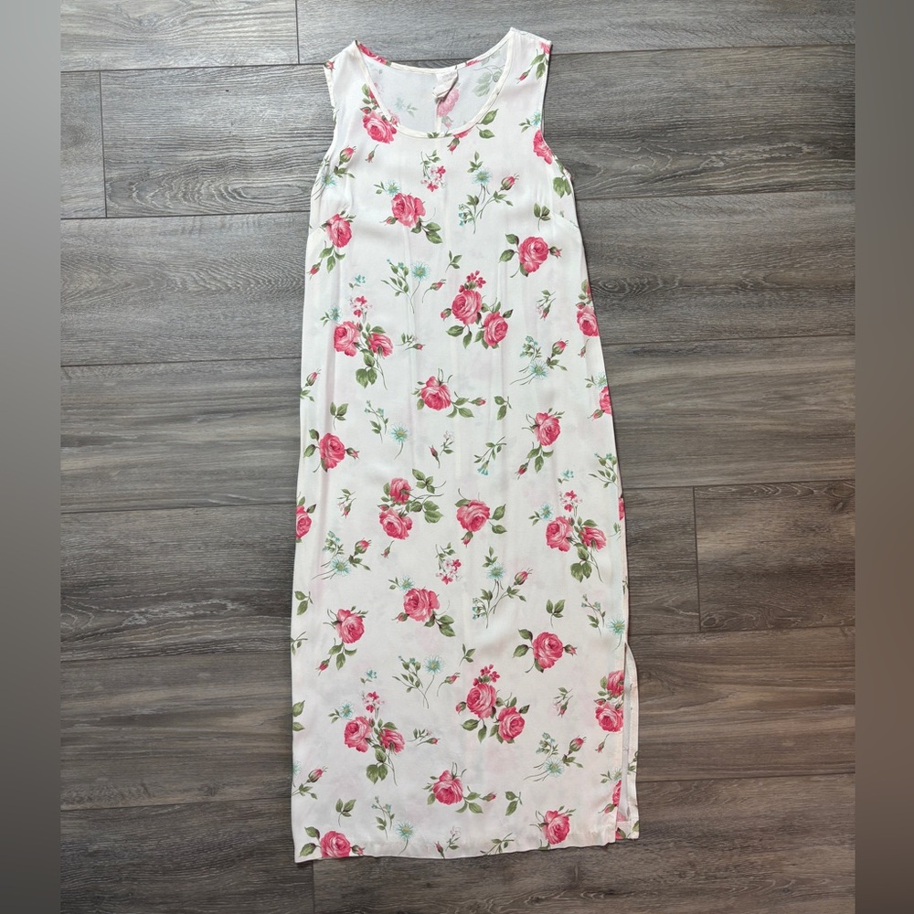Vintage White Pink Floral Sleeveless Midi Maxi Dress Size 14